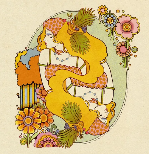 Femme colorée aux cheveux longs et ornée de fleurs, dans un style printanier, par Lydia Silver