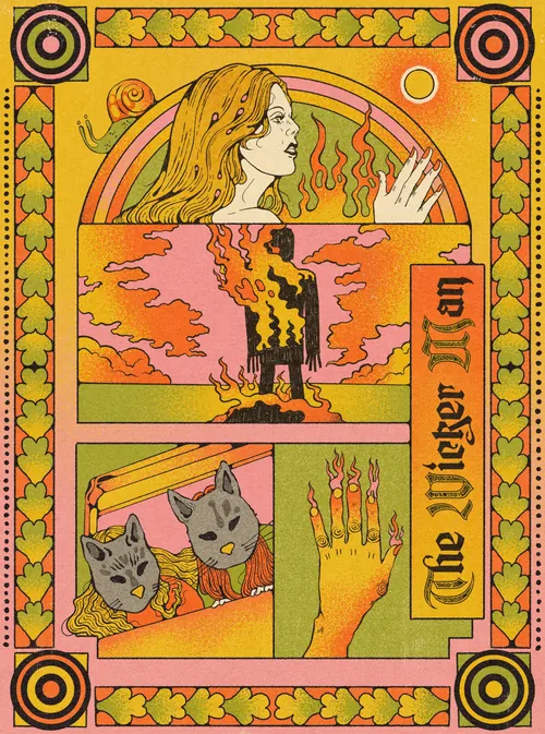 Affiche du film « The Wicker Man » (1973) avec du feu, des loups et une femme mystique, par Lydia Silver.