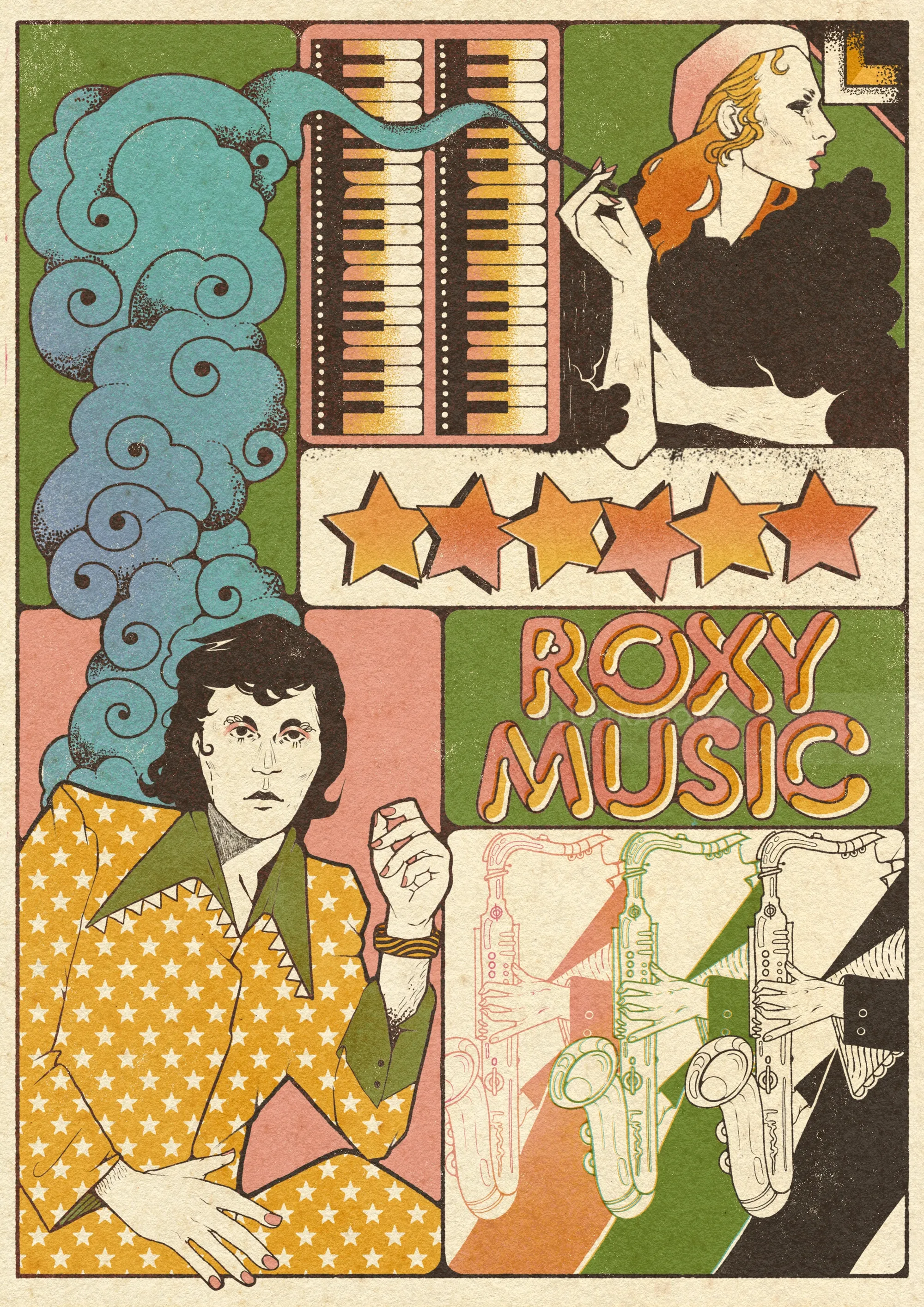 Poster inspired by 1970s Roxy Music band with illustrations of band members, keys, and saxophones by