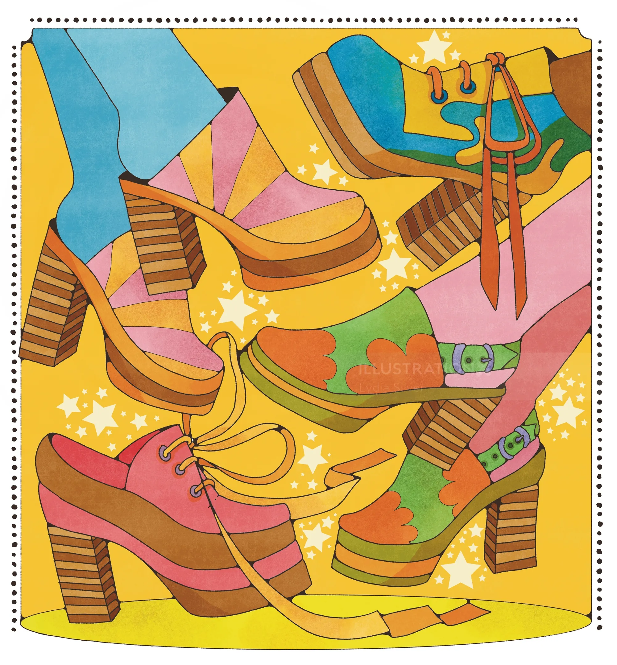 1970s platform shoes artwork by Lydia Silver with vibrant colors