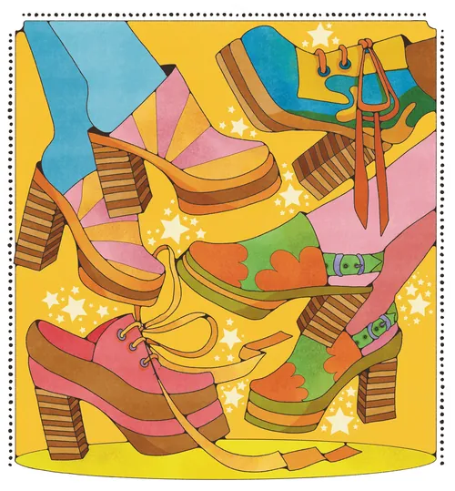 Illustration de chaussures à plateforme des années 1970 par Lydia Silver, aux couleurs vibrantes