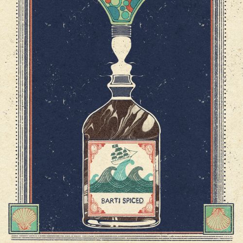 Art deco illustration of Barti Rum bottle with waves by Lydia Silver