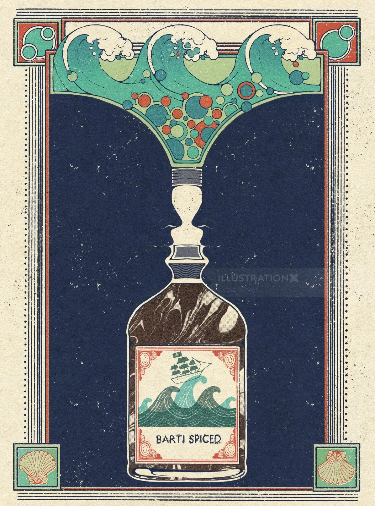 Illustration Art déco d'une bouteille de rhum Barti ornée de vagues, par Lydia Silver