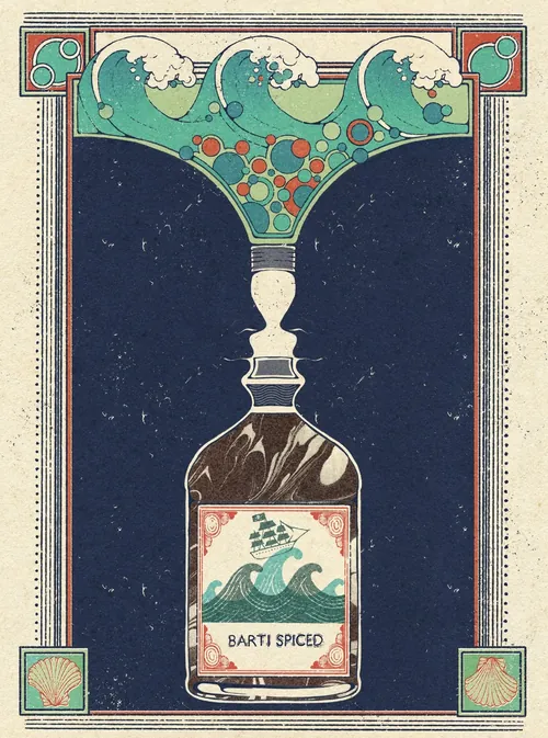 Illustration Art déco d'une bouteille de rhum Barti ornée de vagues, par Lydia Silver