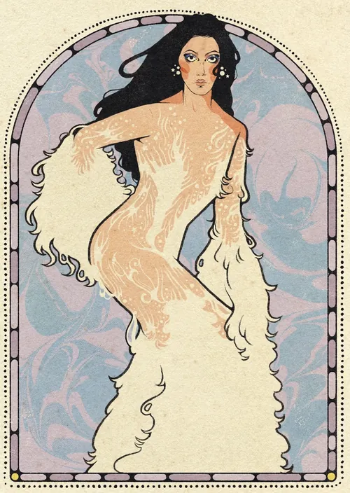 Illustration de Cher en robe Bob Mackie au Met Gala de 1974 par Lydia Silver