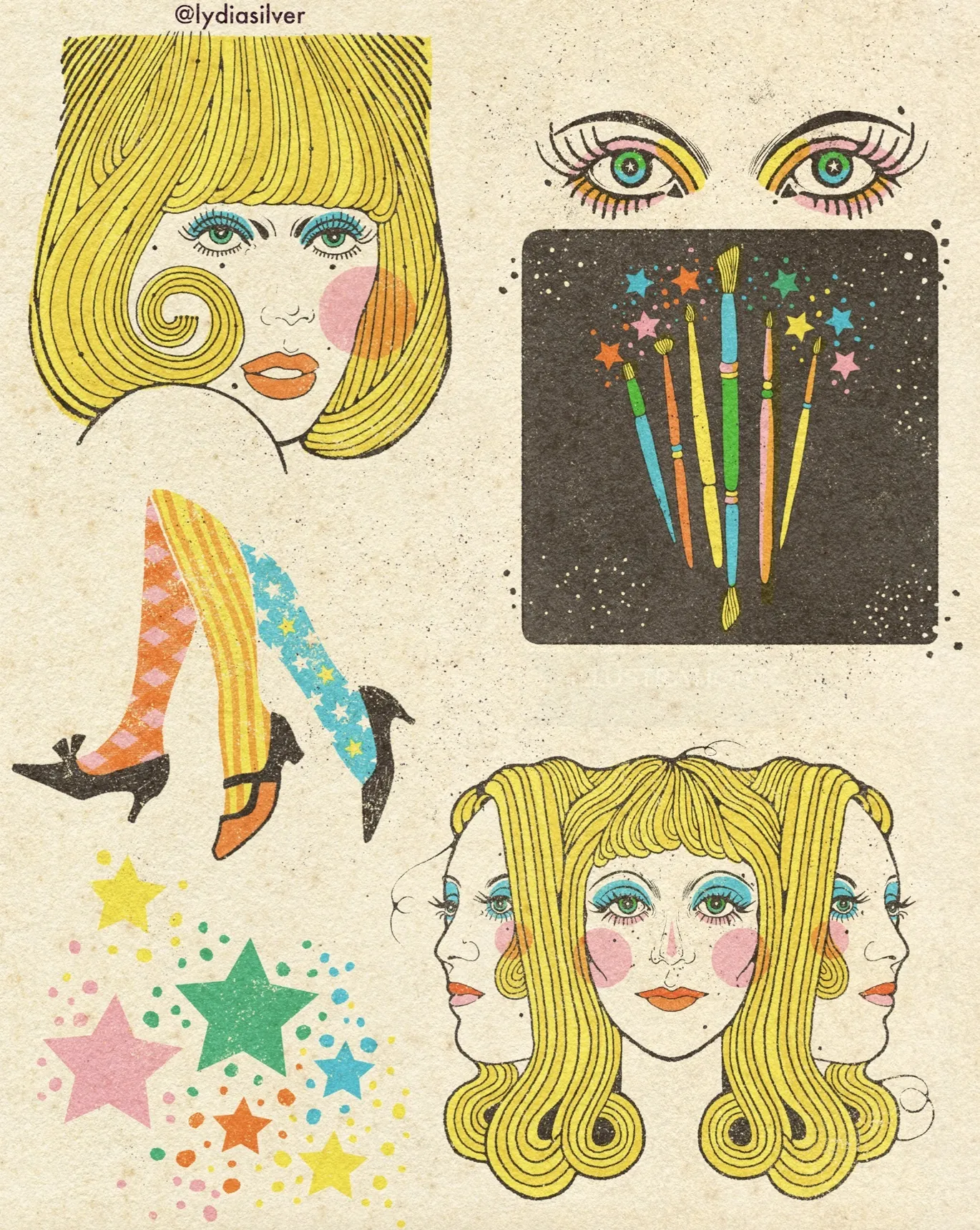 Illustrations éditoriales ponctuelles de style années 1970 par Lydia Silver