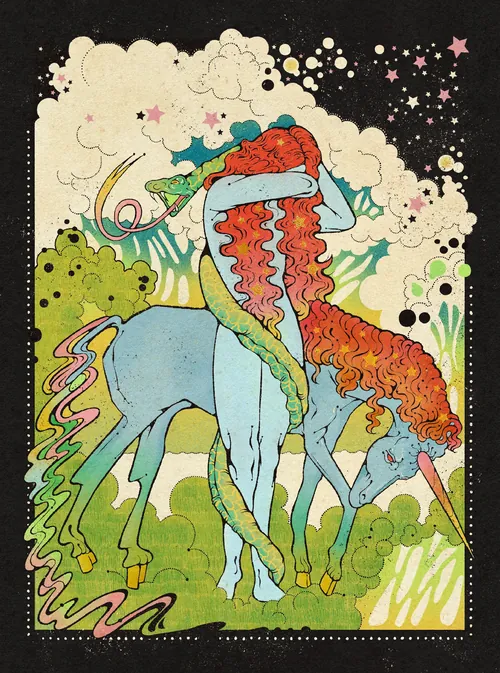 Centaure bleue aux longs cheveux roux et son poulain dans un univers fantastique par Lydia Silver