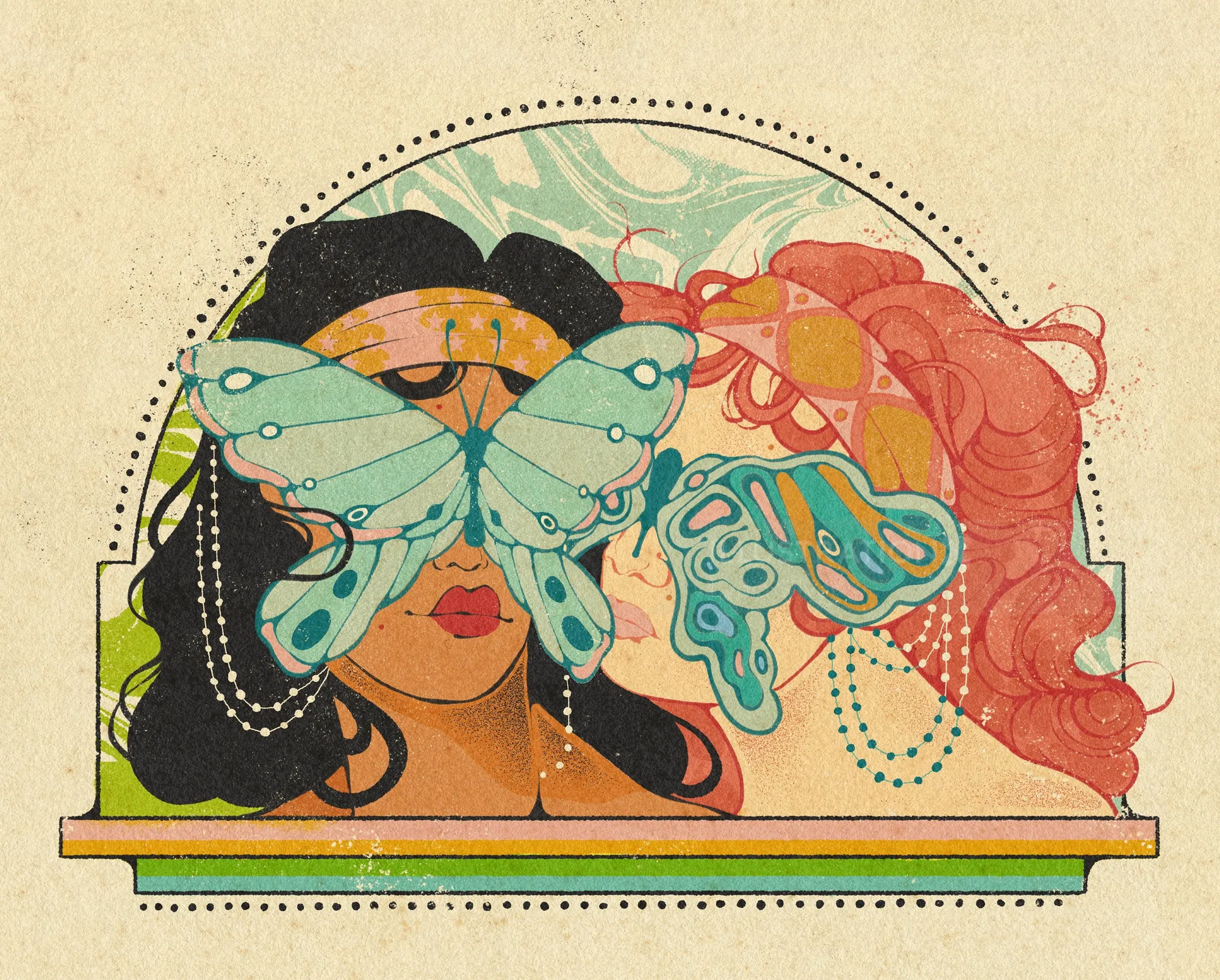Two women with butterflies covering their eyes by Lydia Silver