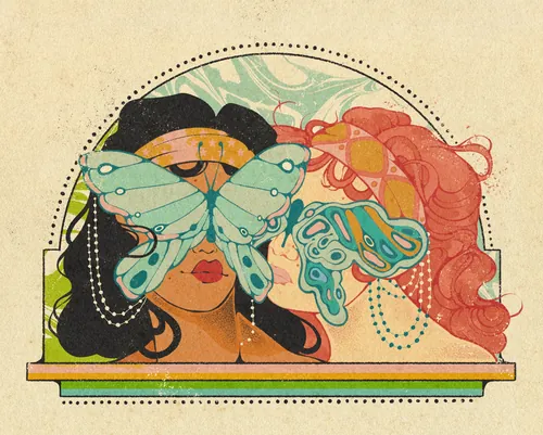 Deux femmes aux yeux couverts de papillons, par Lydia Silver