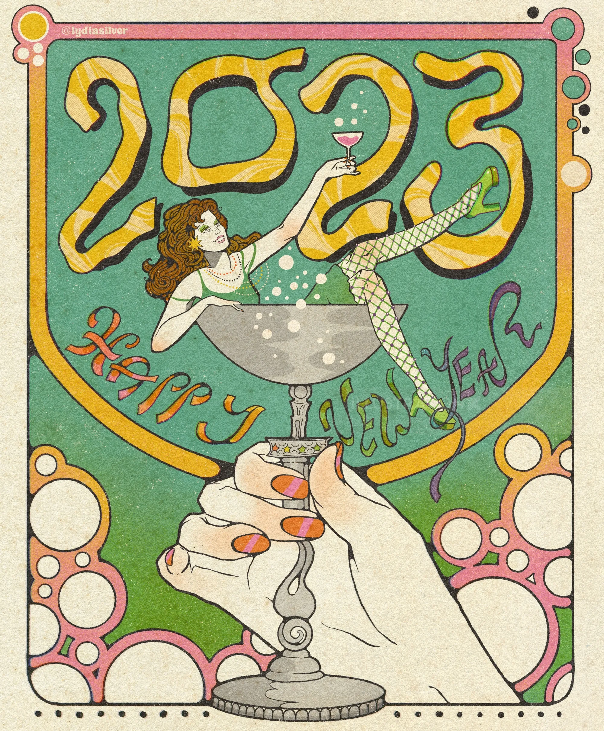 Œuvre d'art pour le réveillon du Nouvel An 2023 représentant une femme dans une coupe de champagne, par Lydia Silver
