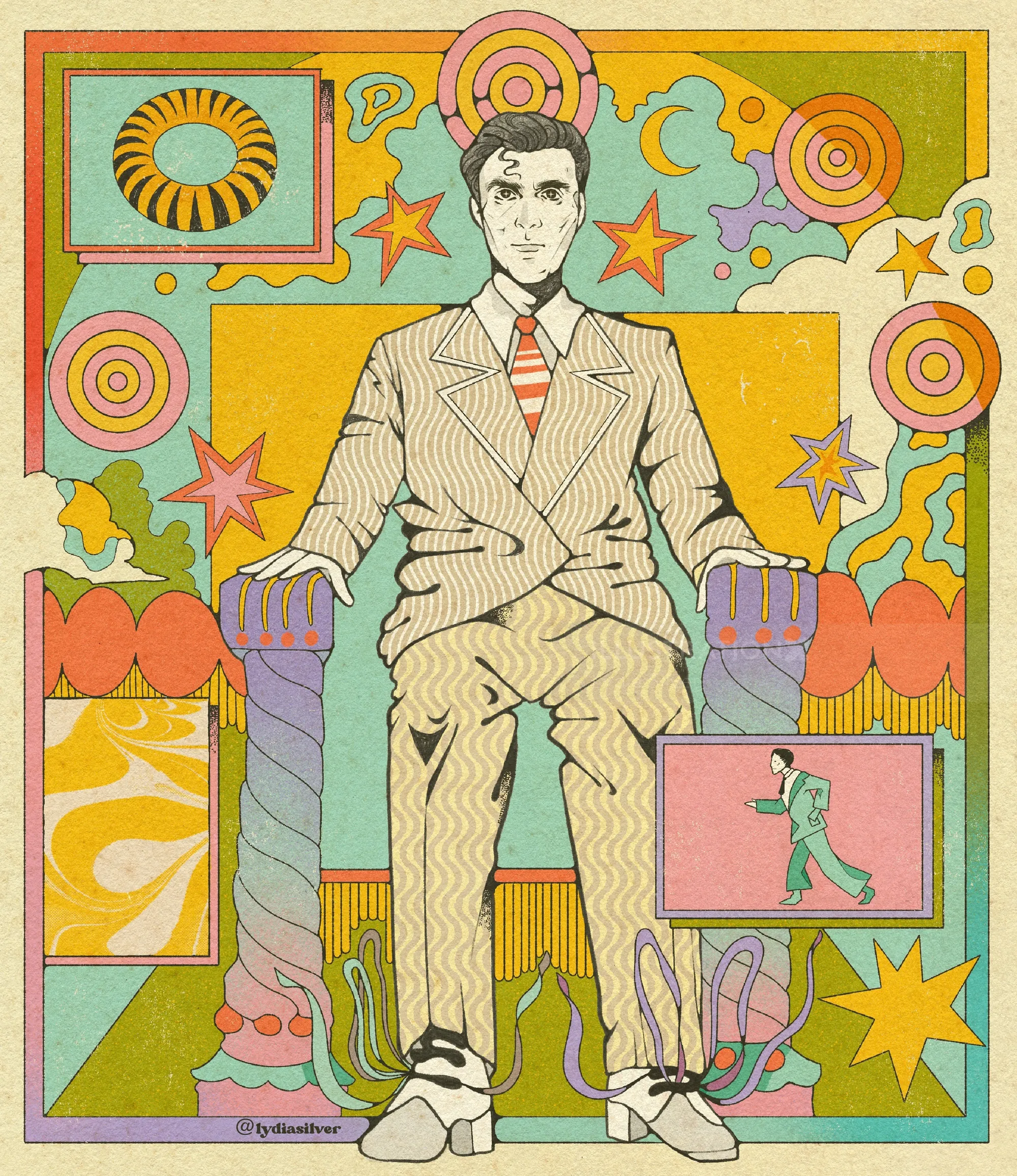 Illustration de David Byrne assis sur un fond psychédélique coloré par Lydia Silver