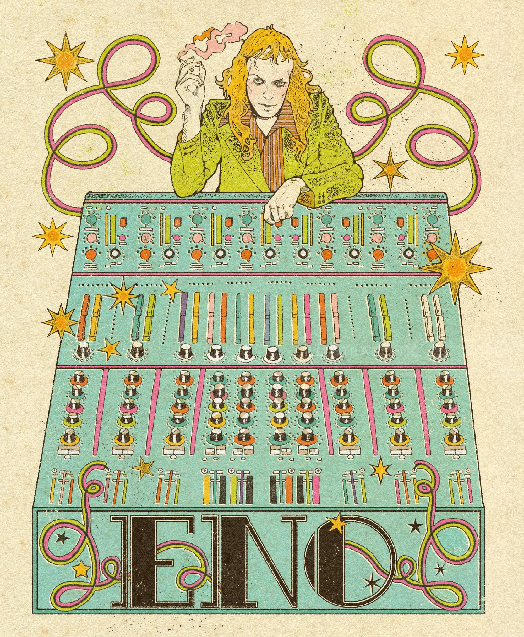 Illustration de Brian Eno avec une console de mixage colorée, par Lydia Silver