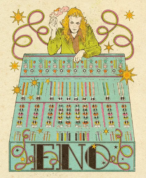Illustration de Brian Eno avec une console de mixage colorée, par Lydia Silver
