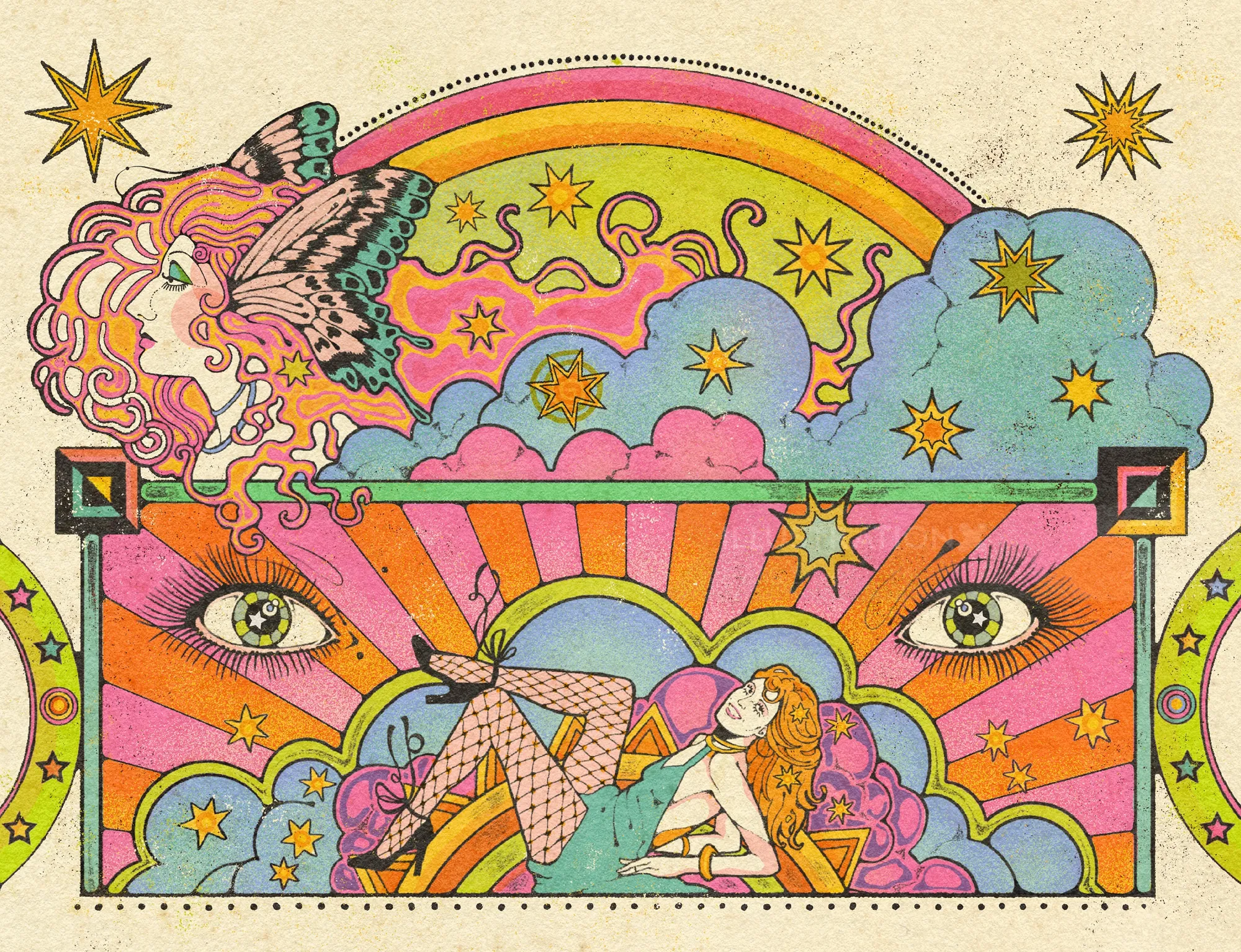 Surreal psychedelic illustration with a reclining woman, eyes, stars, and colorful clouds by Lydia S