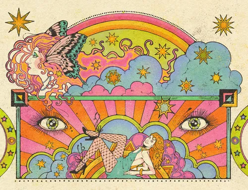 Illustration psychédélique surréaliste représentant une femme allongée, des yeux, des étoiles et des nuages ​​colorés, par Lydia S.