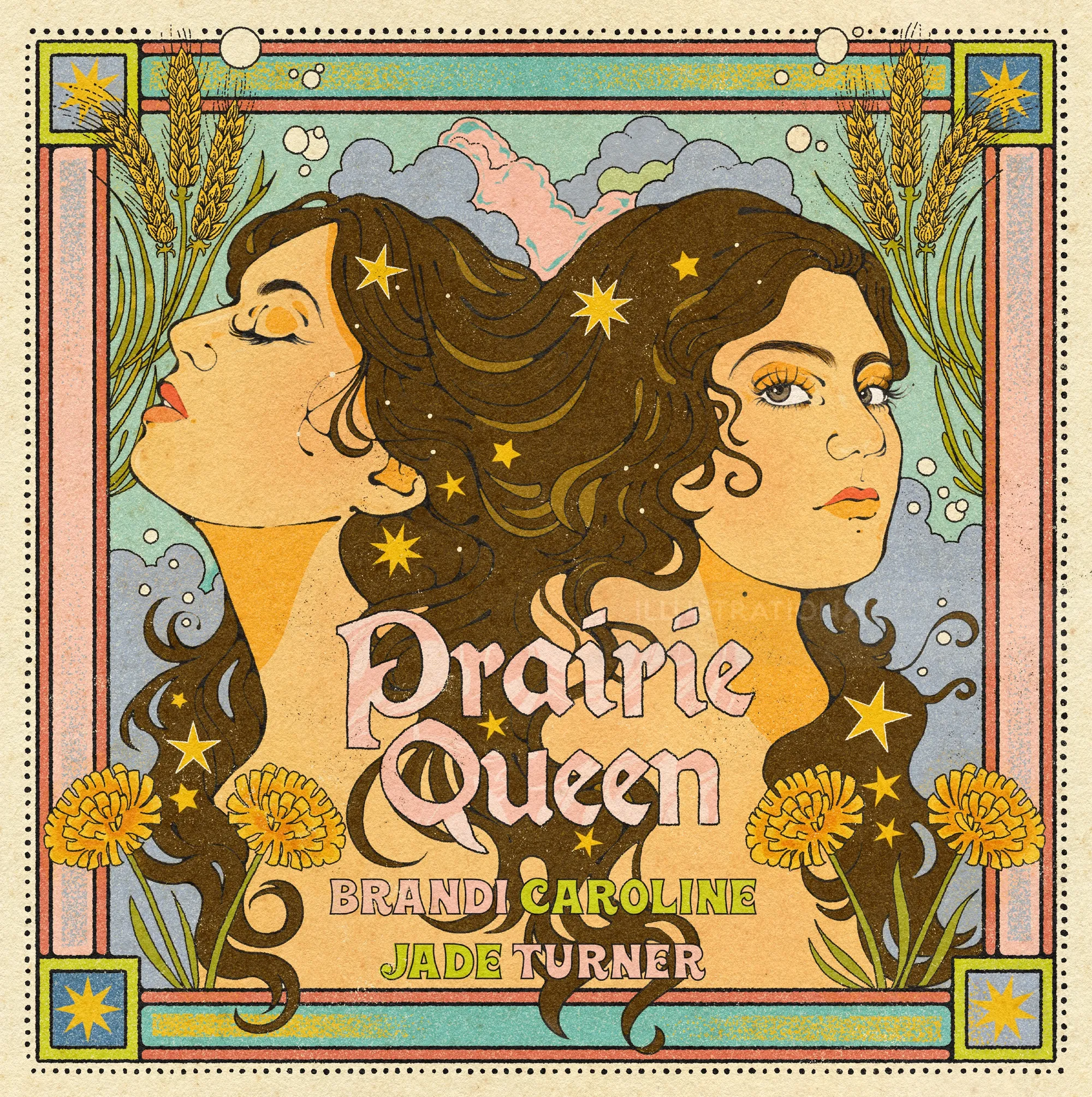Prairie Queen single cover art by Lydia Silver featuring two women with flowing hair and stars
