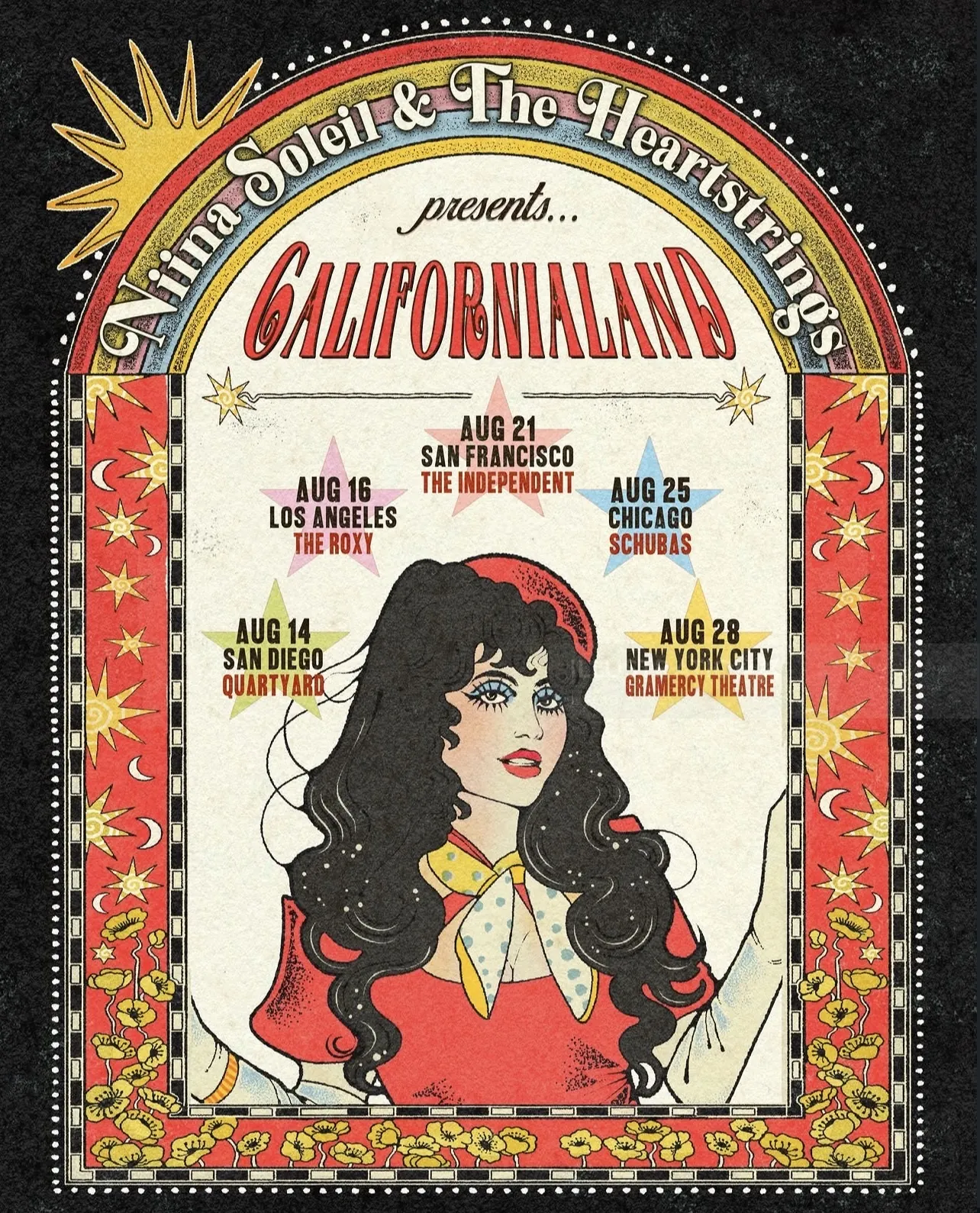 Poster for Niina Soleil & The Heartbreakers 2026 CALIFORNIALAND tour by Lydia Silver