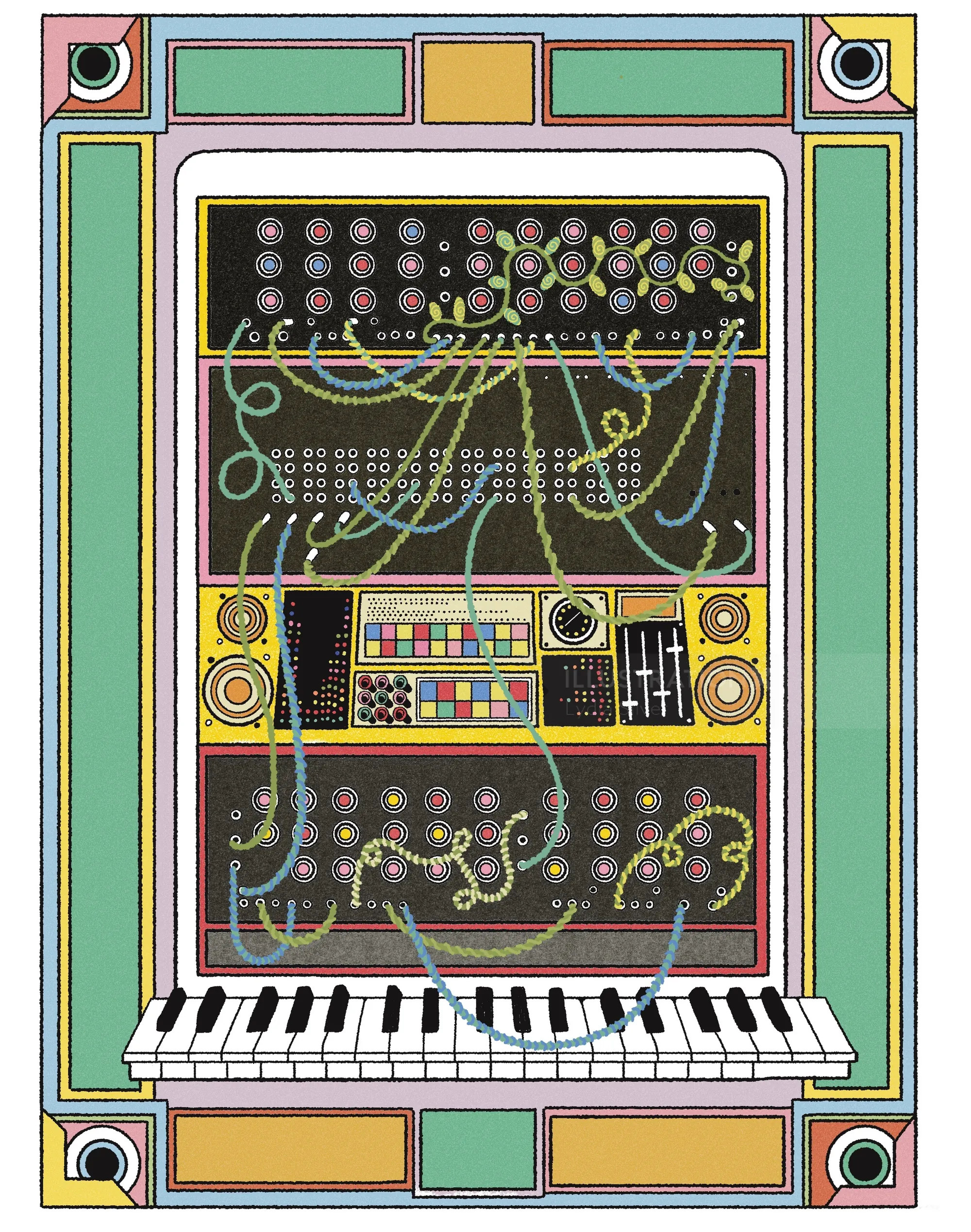 1960s synthesizer and control panel illustration with Art Deco border by Lydia Silver