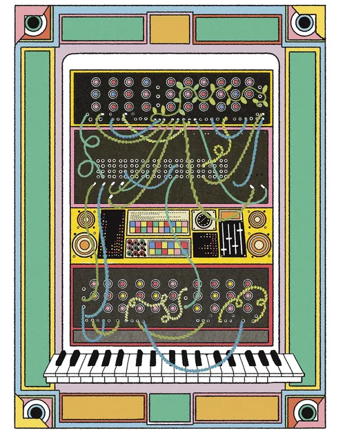 Illustration eines Synthesizers und Bedienfelds aus den 1960er Jahren mit Art-Deco-Rahmen von Lydia Silver
