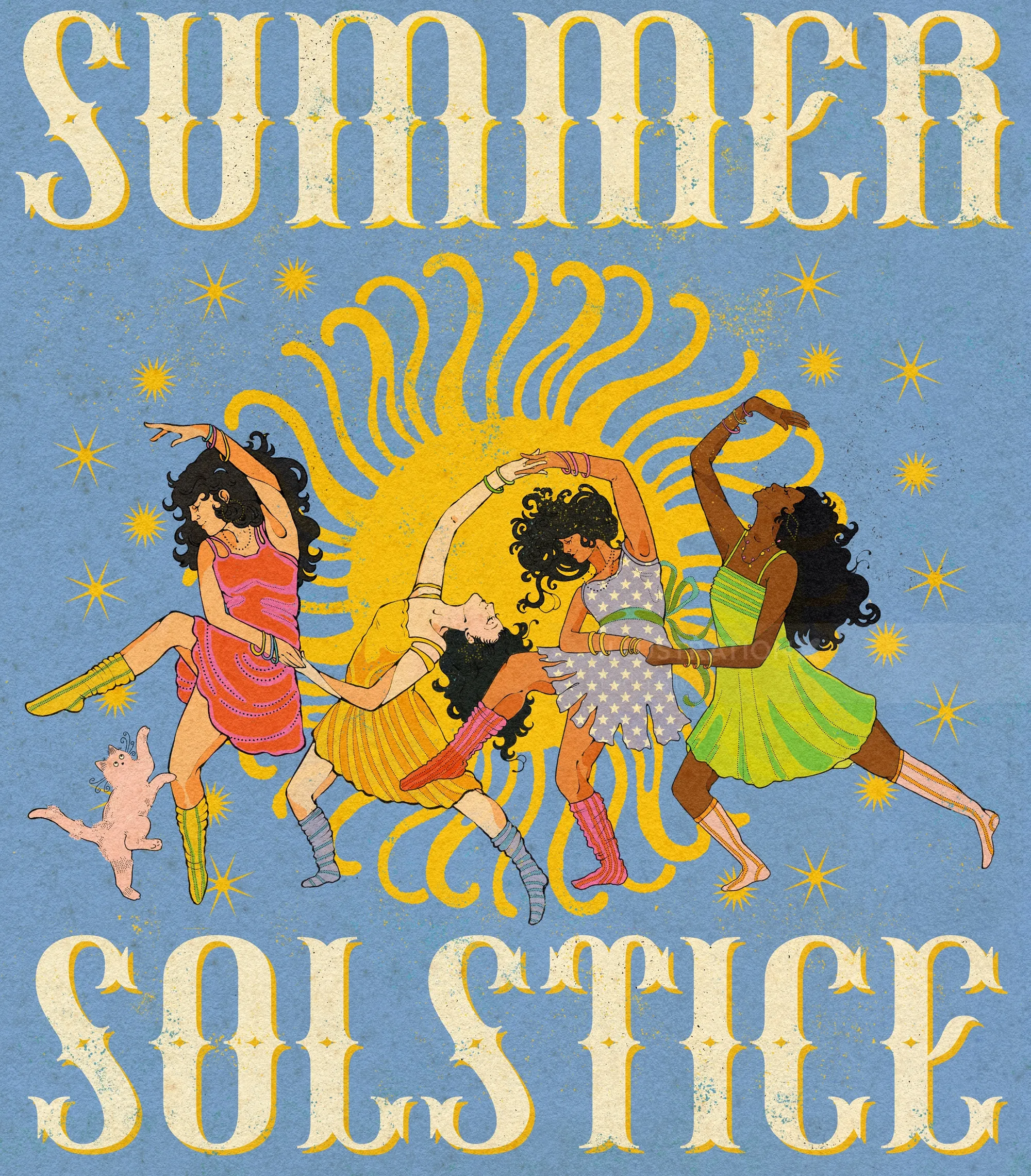 Four women dancing around radiant yellow sun with stars, by Lydia Silver