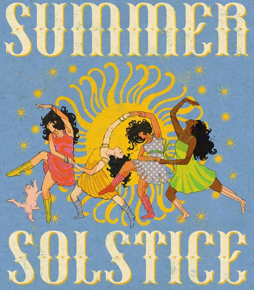 Quatre femmes dansant autour d'un soleil jaune radieux parsemé d'étoiles, par Lydia Silver