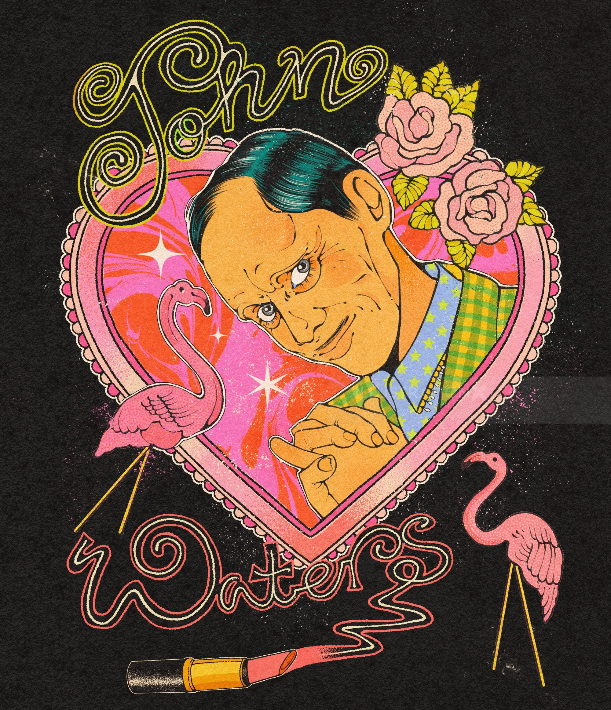 Illustrated portrait of John Waters with pink flamingos and roses by Lydia Silver