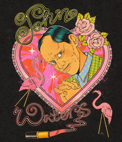 Illustriertes Porträt von John Waters mit rosa Flamingos und Rosen von Lydia Silver