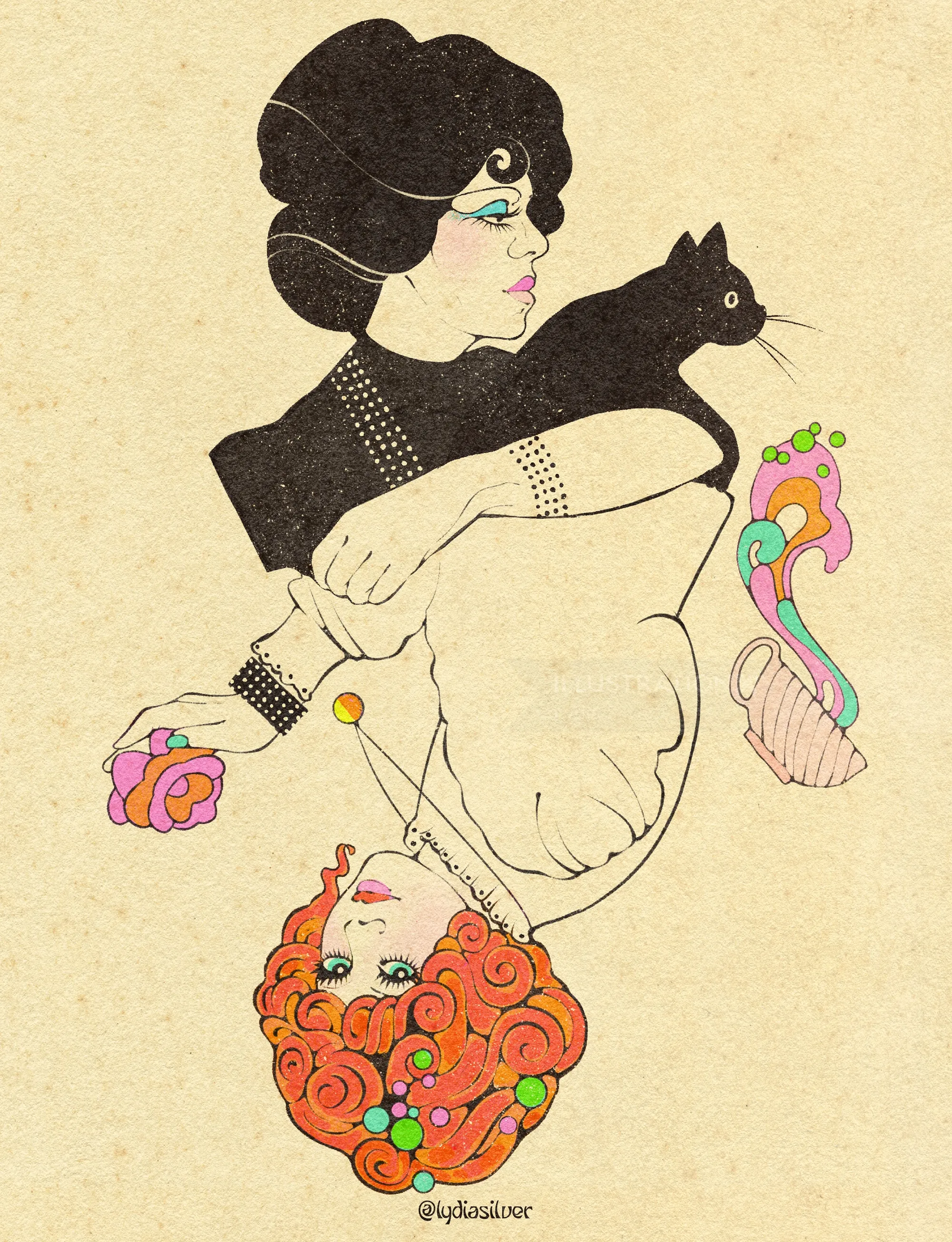 Playing card style illustration of two Morgiana characters with cat by Lydia Silver
