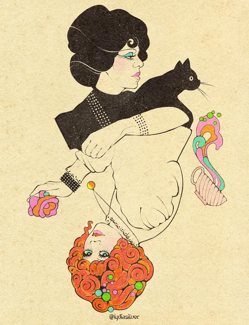 Lydia Silver绘制的扑克牌风格插画，描绘了两个摩尔迦娜角色和一只猫。