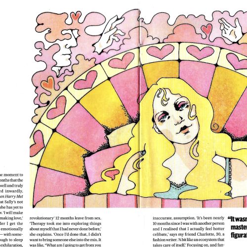Lydia Silver illustration of a blonde woman surrounded by hearts and colorful radiating patterns.