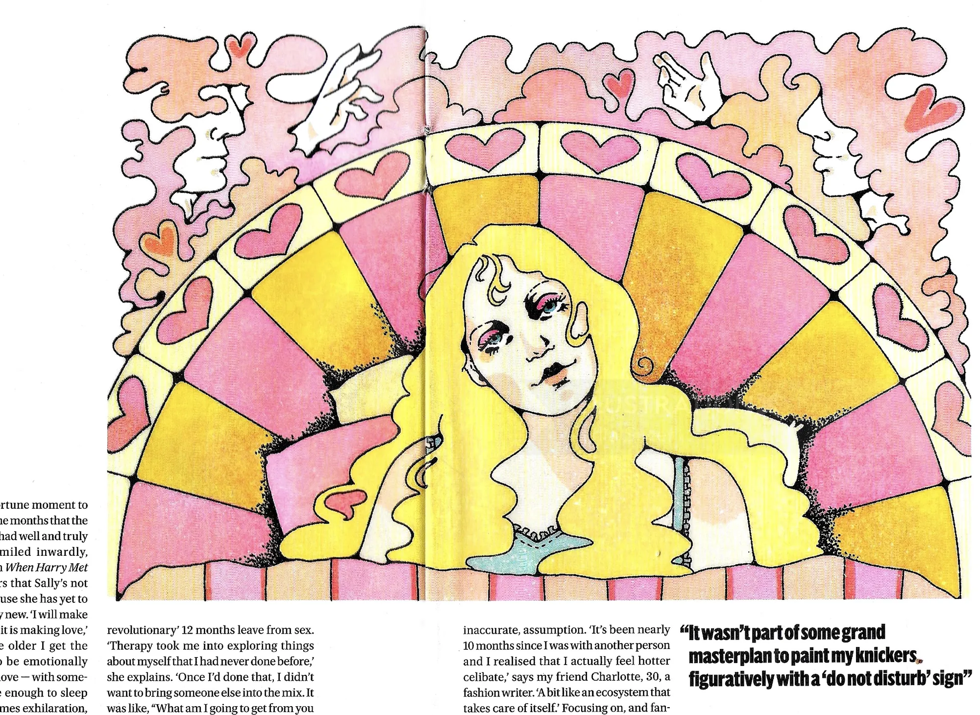 Lydia Silver illustration of a blonde woman surrounded by hearts and colorful radiating patterns.