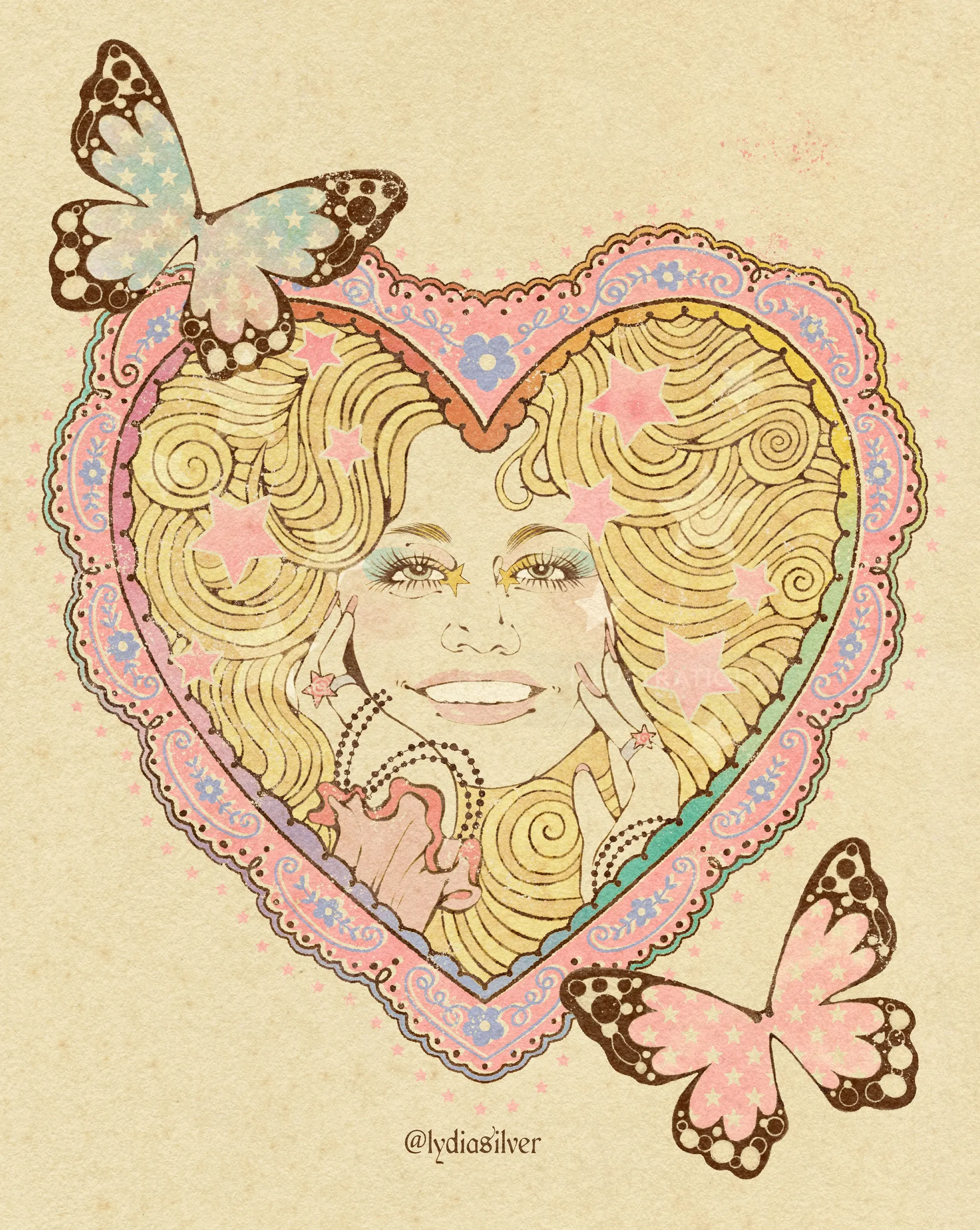 Illustration de Lydia Silver représentant Dolly Parton à l'intérieur d'un cœur rempli de papillons.