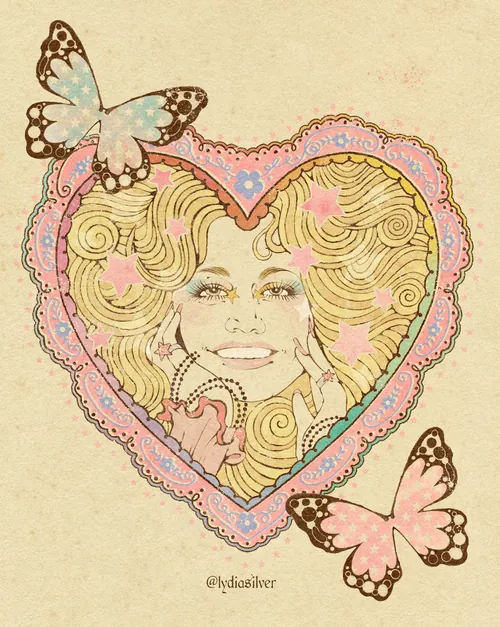 Illustration de Lydia Silver représentant Dolly Parton à l'intérieur d'un cœur rempli de papillons.