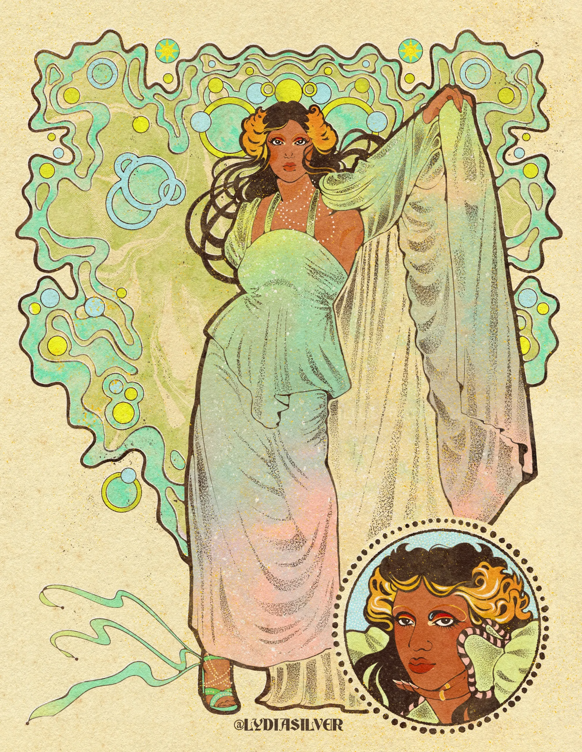 Ilustração de Lydia Silver retratando a cantora e compositora Asha Puthli em um vestido esvoaçante.