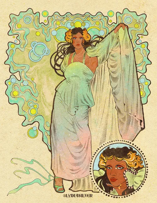 Illustration de Lydia Silver représentant l'auteure-compositrice-interprète Asha Puthli dans une robe fluide
