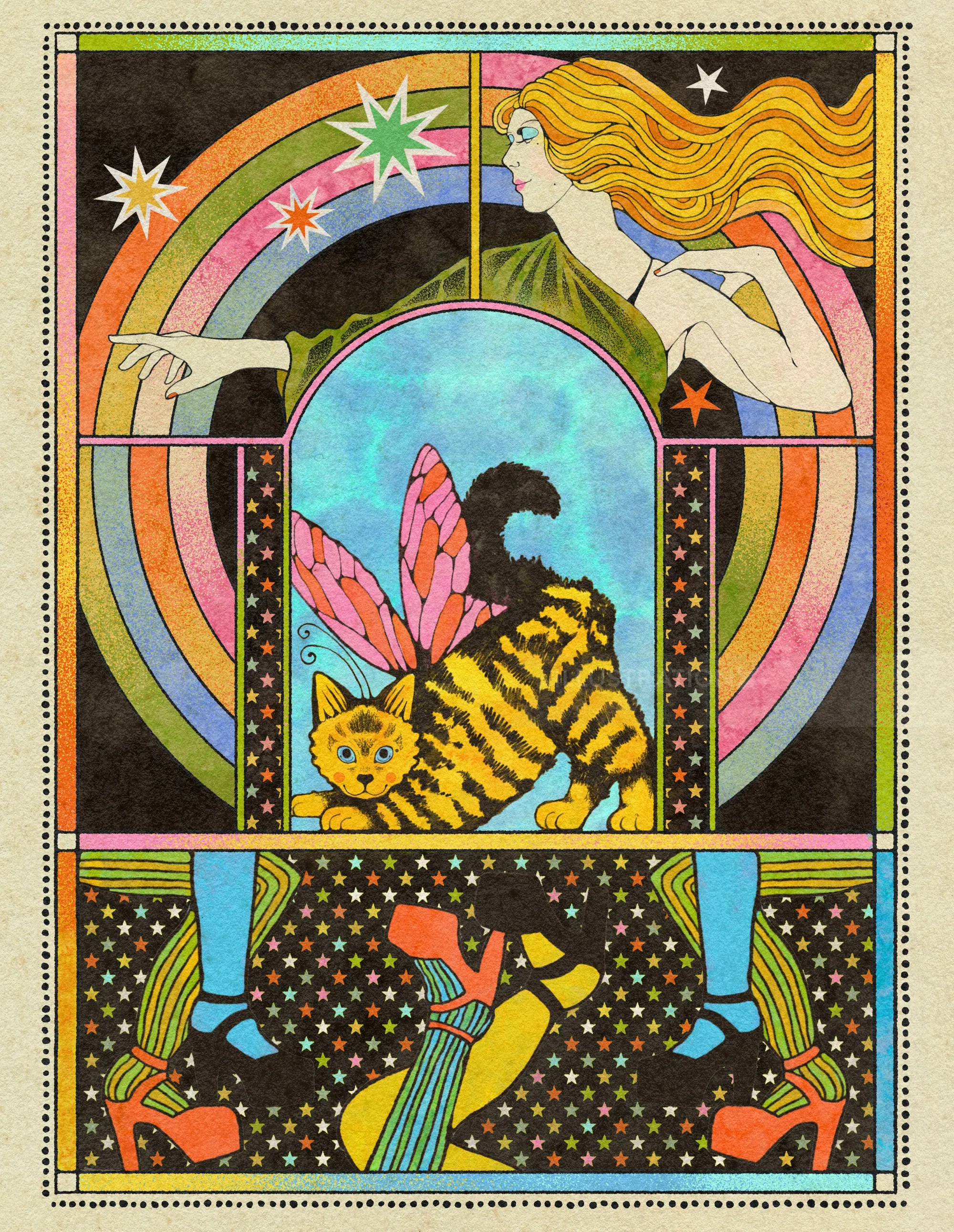 Psychedelisches, surreales Poster von Lydia Silver mit einem Regenbogen, einer Frau, einem Tiger und einer Katze.