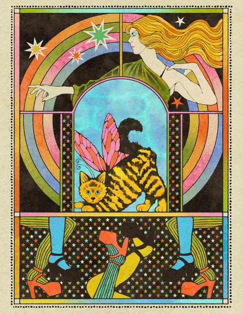 Affiche surréaliste psychédélique de Lydia Silver représentant un arc-en-ciel, une femme, un tigre et un chat.