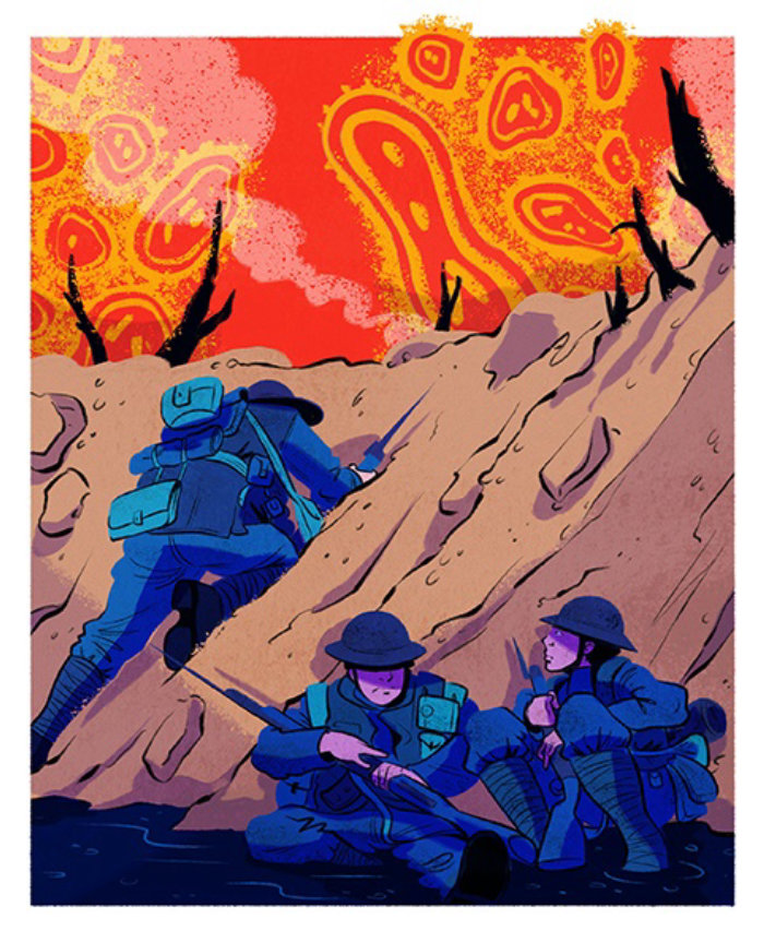 Graphic soldiers in warzone