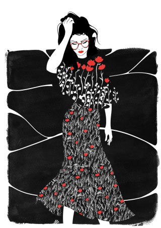 黒の模様のドレスを着たグラフィックファッション美女