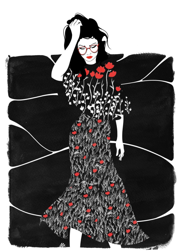 Graphic fashion beauty in black pattern dress