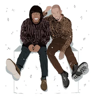 Illustration of two men sitting, one in leopard print, by Maddalena Carrai