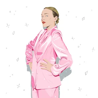 Illustration of a woman in a pink suit by Maddalena Carrai