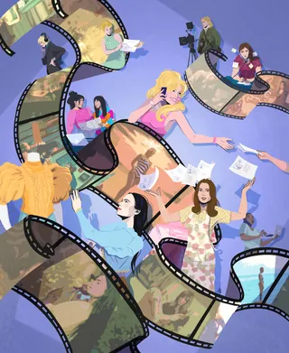 Illustration of diverse women in film industry roles with filmstrip background