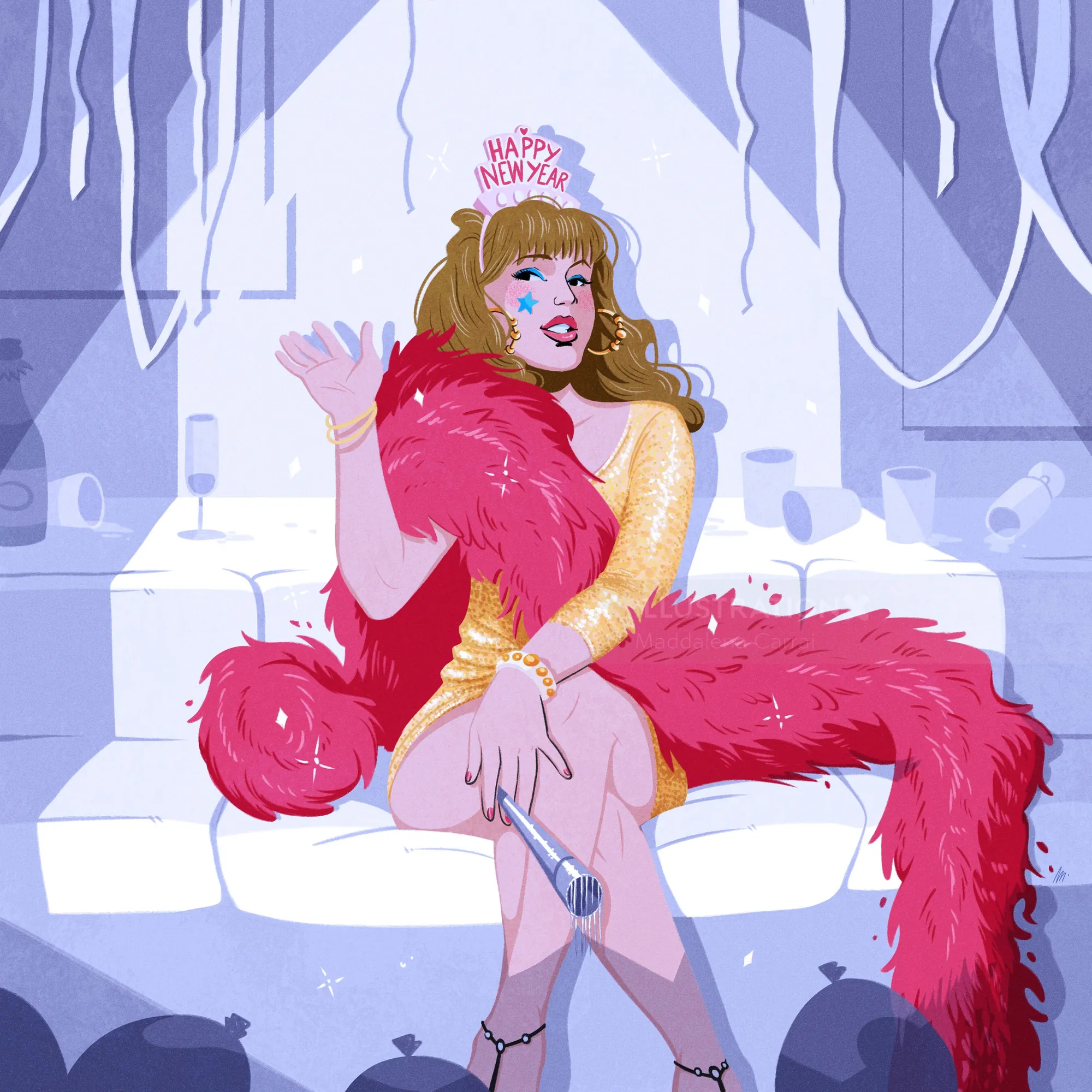 Femme en robe dorée et boa rose célébrant le réveillon du Nouvel An