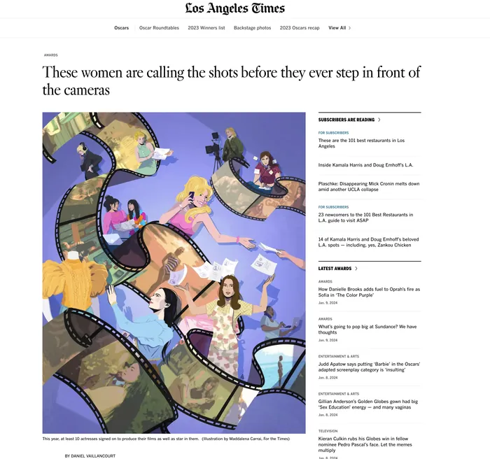 Illustration of women directing and filming with cameras and film reels