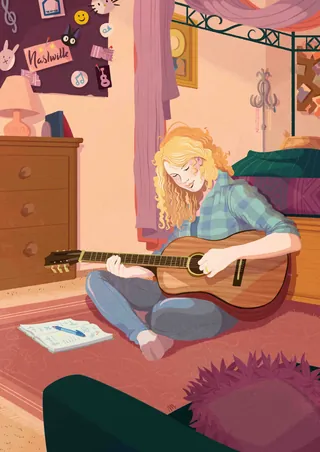 Illustration of a girl playing guitar in a cozy bedroom