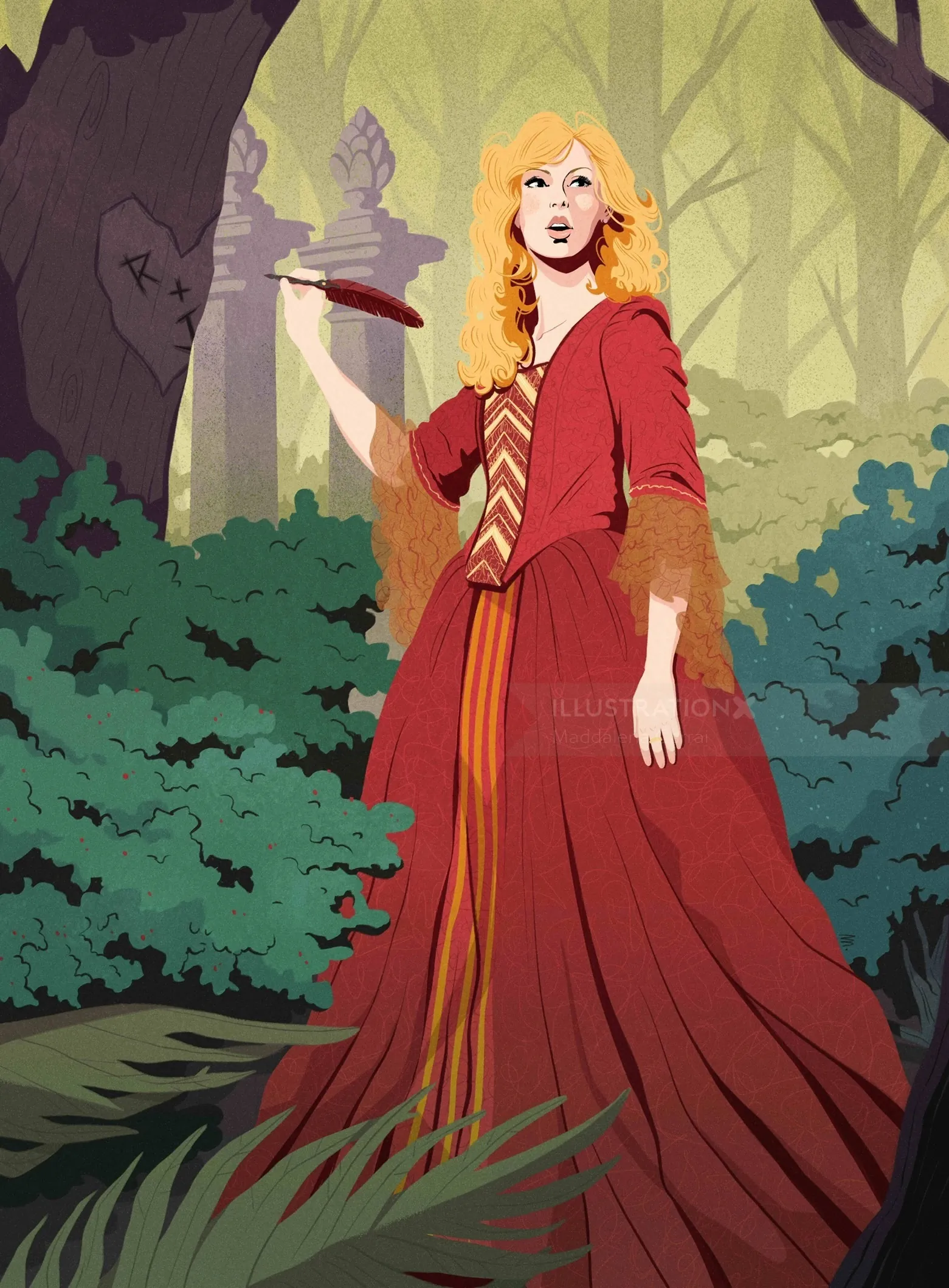 Illustration of woman in red medieval dress holding a quill in forest