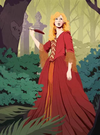 Illustration of woman in red medieval dress holding a quill in forest