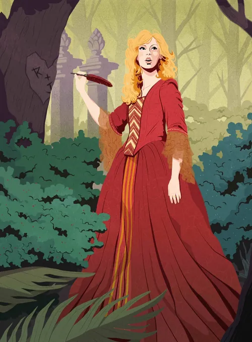 Illustration of woman in red medieval dress holding a quill in forest