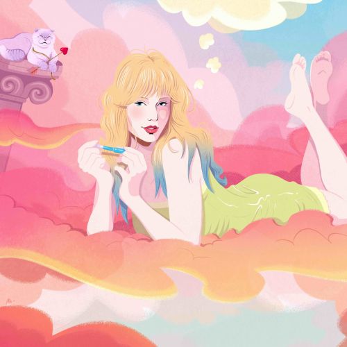 Illustration of woman with long blonde hair lying on pink clouds with heart